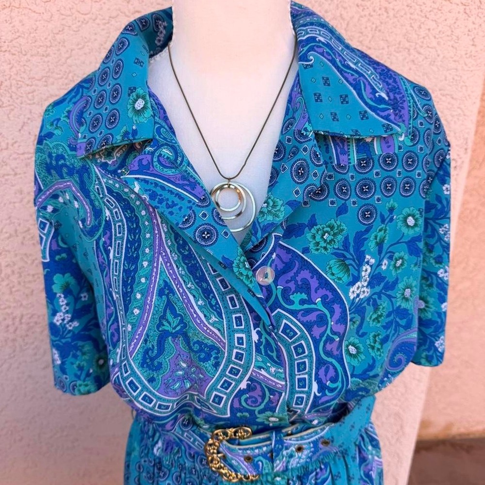 Leslie Fay blue paisley print midi dress with belt - Picture 4 of 8